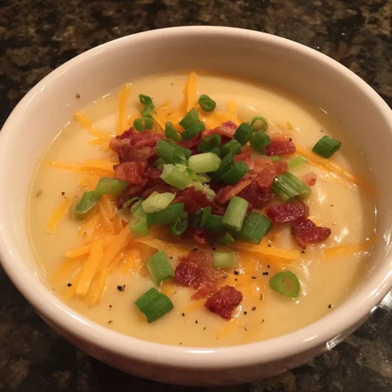 A hearty bowl of creamy crock pot potato soup recipe, garnished with melted cheddar cheese, crispy bacon bits, and fresh green onions on a dark background.
