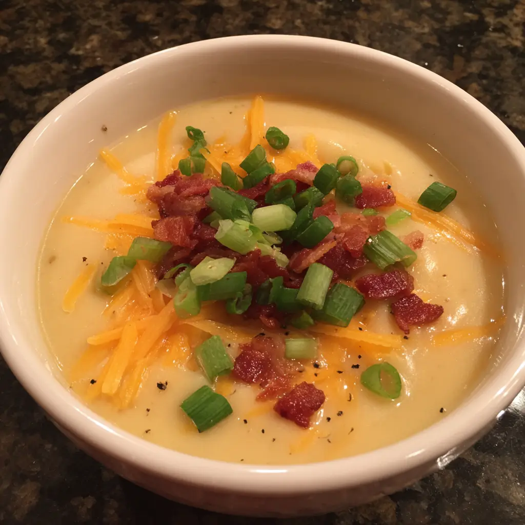A hearty bowl of creamy crock pot potato soup recipe, garnished with melted cheddar cheese, crispy bacon bits, and fresh green onions on a dark background.
