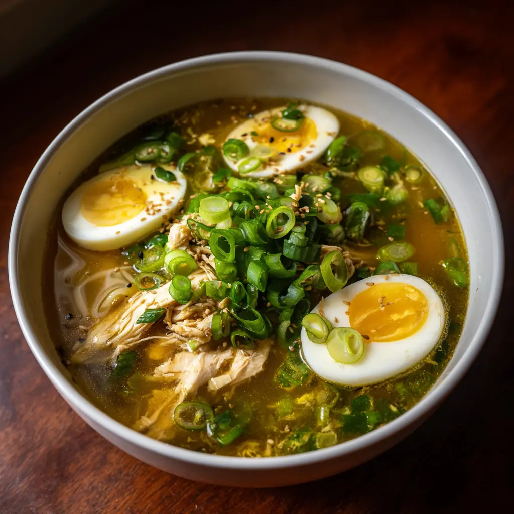 A vibrant bowl of noodle soup featuring ramen, shredded chicken, fresh green onions, and perfectly halved hard-boiled eggs, a delightful option alongside an egg drop soup recipe.
