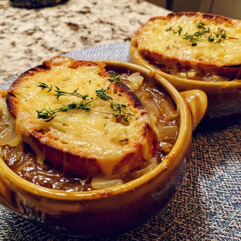 Two rustic bowls of a classic French Onion Soup recipe, topped with golden-brown gratinéed cheese and fresh thyme.