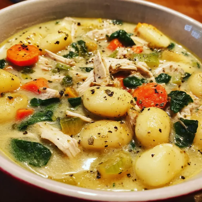 Close-up of a hearty, creamy chicken gnocchi soup recipe bowl, garnished with herbs.