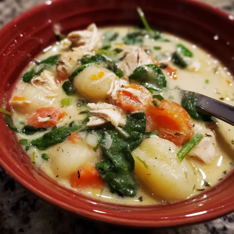 Close-up of a hearty gnocchi soup with chicken, carrots, and spinach in a red bowl, perfect for a comforting gnocchi soup recipe.
