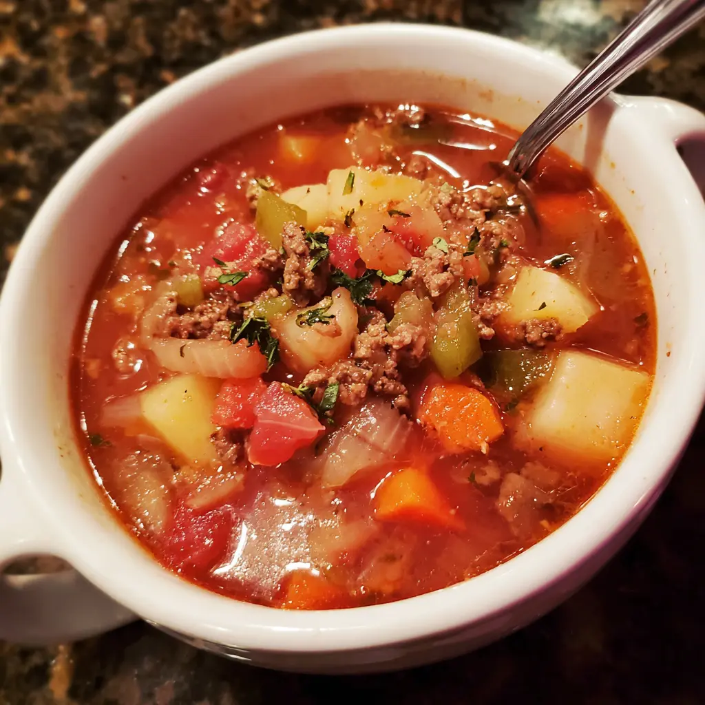 Close-up of a hearty hamburger soup recipe in a white bowl, brimming with ground beef, potatoes, carrots, and fresh herbs.