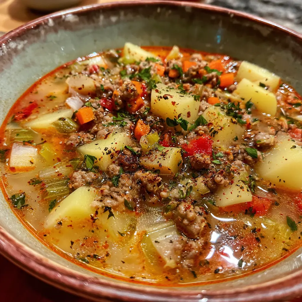 Close-up of a hearty bowl of italian sausage soup recipe, brimming with browned meat, potatoes, carrots, and fresh herbs in a rustic ceramic bowl.