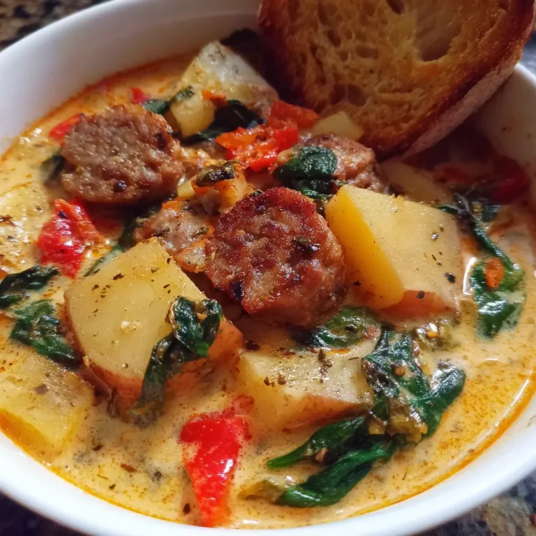 Close-up of a creamy and hearty italian sausage soup recipe with potatoes, spinach, and crusty bread.
