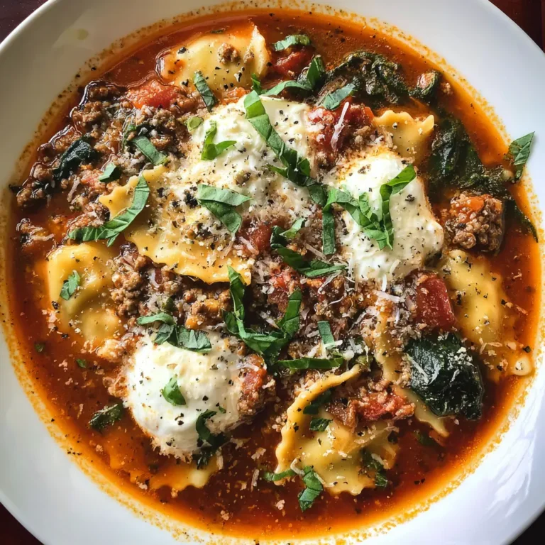 Overhead view of a hearty lasagna soup recipe in a white bowl, featuring rich tomato sauce, pasta, ground meat, ricotta, and fresh basil.