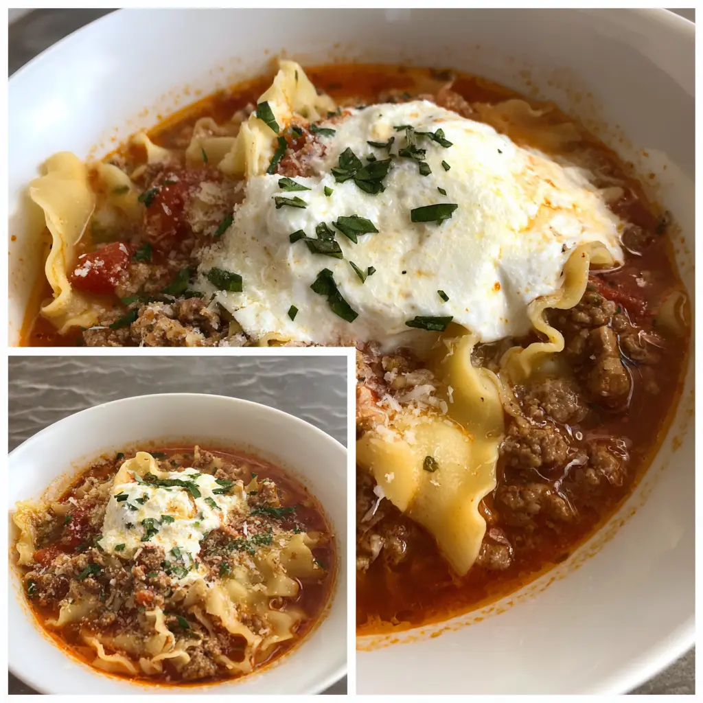A hearty bowl of lasagna soup with creamy ricotta, ground meat, and wavy pasta, showing an easy lasagna soup recipe.