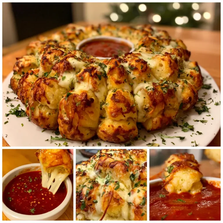 Cheesy pull-apart bread ring shaped like a wreath with marinara, an ideal christmas tree appetizer recipe.