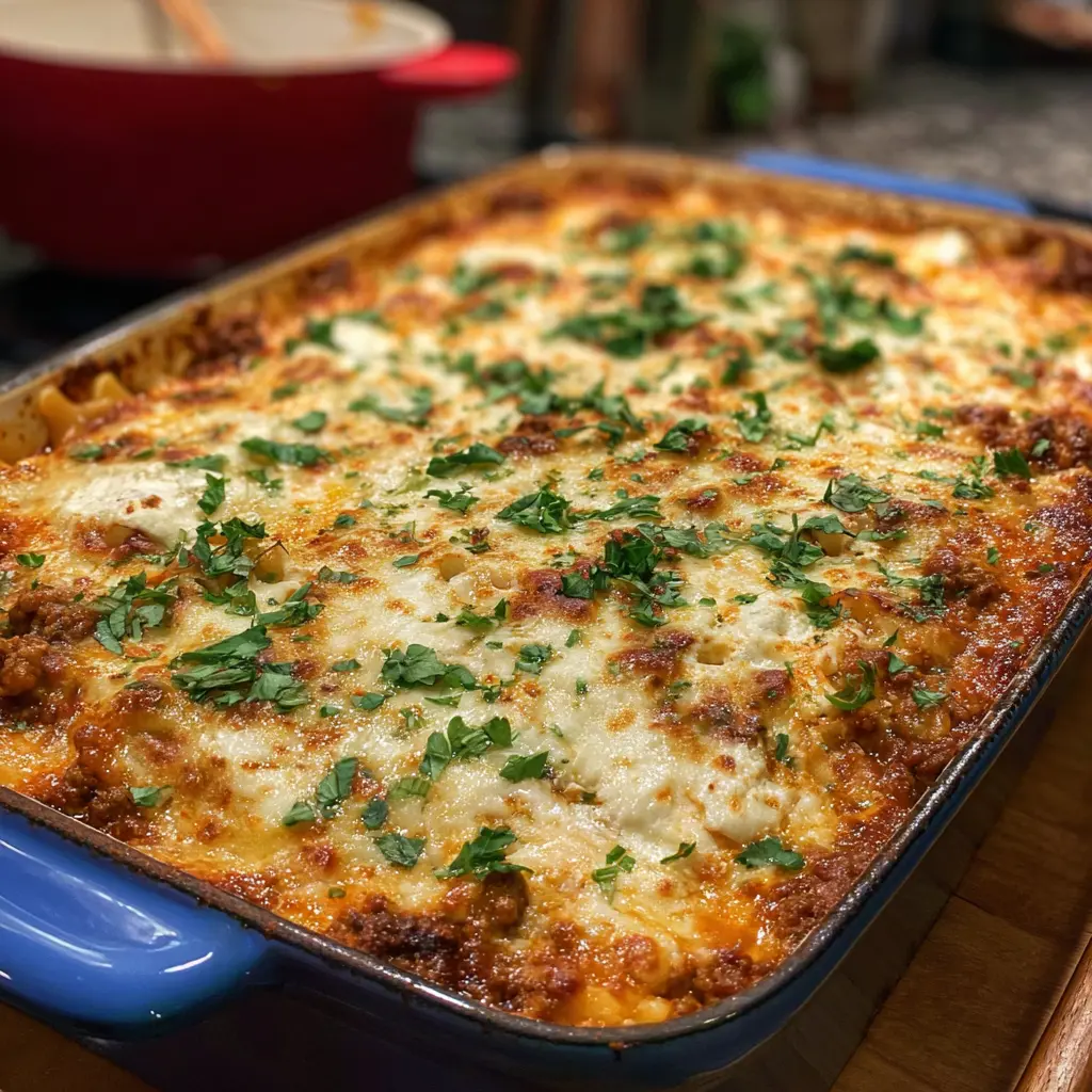 Warm, cheesy baked pasta casserole with herbs in a blue dish, showcasing hearty flavors similar to a comforting lasagna soup recipe crock pot.