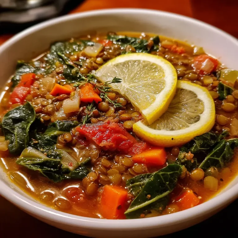 Appetizing close-up of a hearty lentil soup recipe, garnished with fresh lemon and herbs in a white bowl.