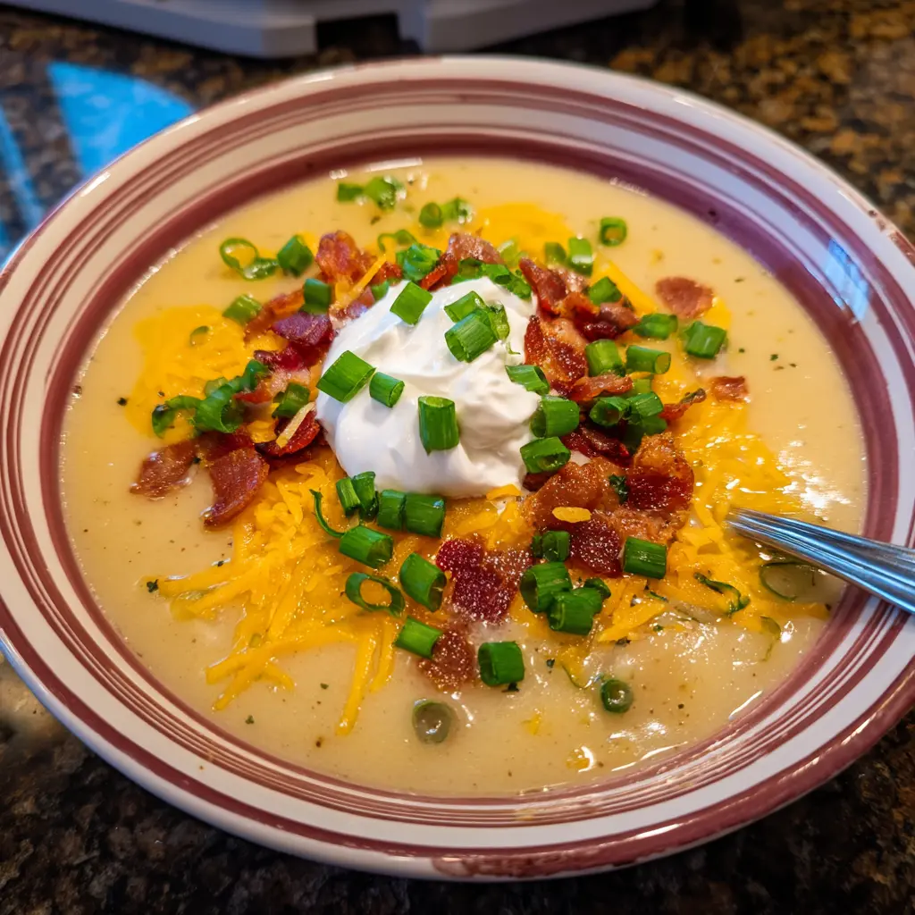 A close-up of a rich loaded potato soup recipe, generously topped with sour cream, green onions, crispy bacon bits, and shredded cheddar cheese.