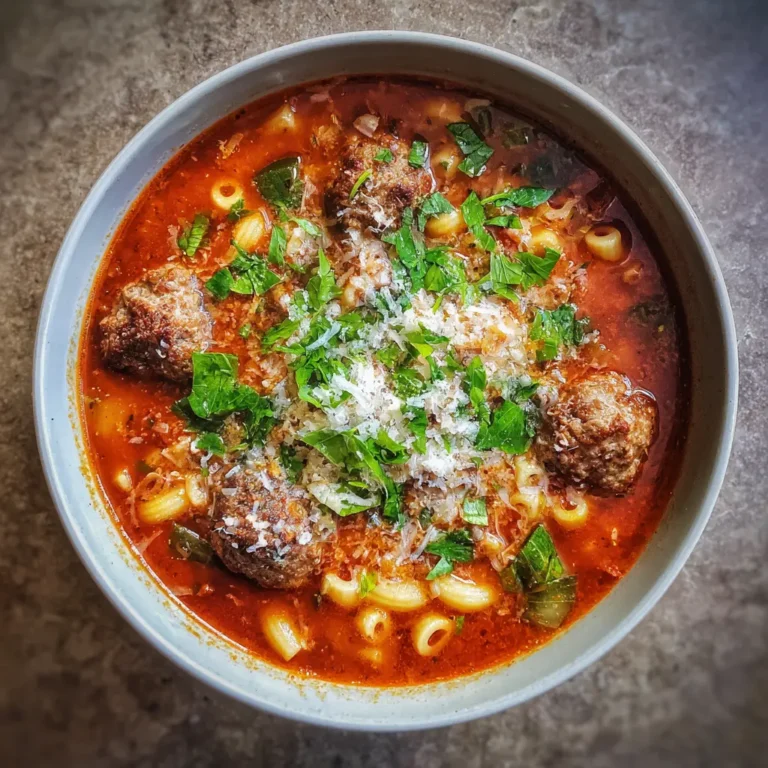 Overhead view of a hearty meatball soup recipe, garnished with cheese and fresh herbs, perfect for a comforting meal.