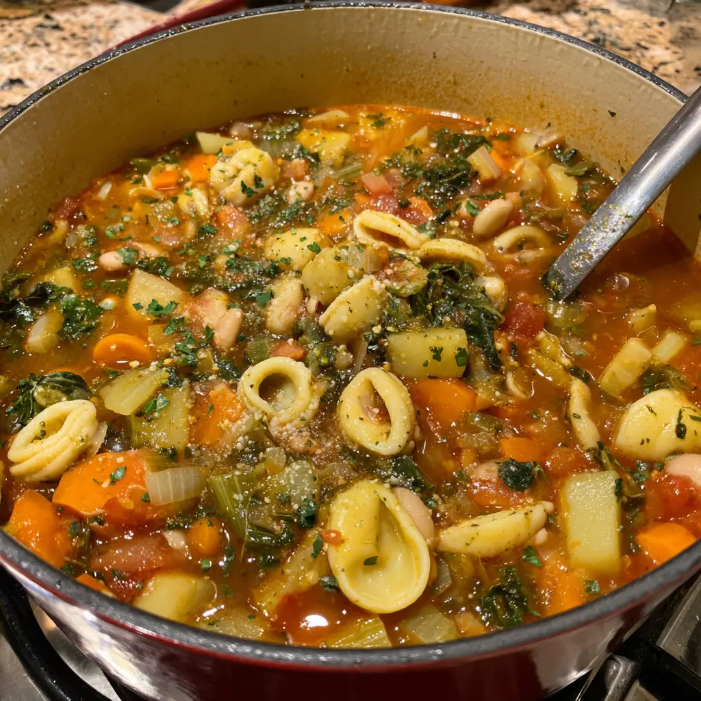 Close-up of a hearty minestrone soup recipe simmering in a Dutch oven, garnished with cheese and fresh herbs.