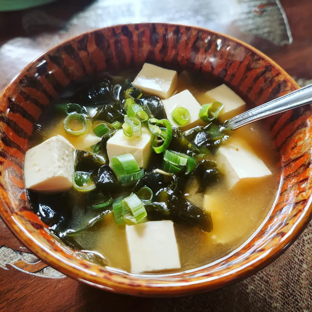 A close-up of a rustic bowl filled with a delicious miso soup recipe, featuring visible tofu, wakame, and green onions.