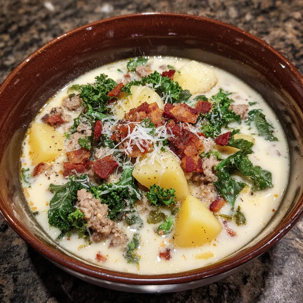 Hearty bowl of creamy Zuppa Toscana, an Olive Garden soup recipe with sausage, potatoes, and kale, garnished with bacon and Parmesan.