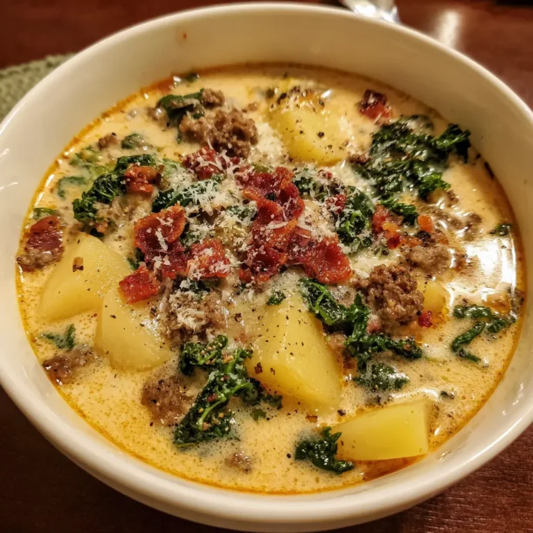 A hearty bowl of creamy Zuppa Toscana, similar to an Olive Garden soup recipe, with potatoes, sausage, and kale, garnished with bacon and cheese.