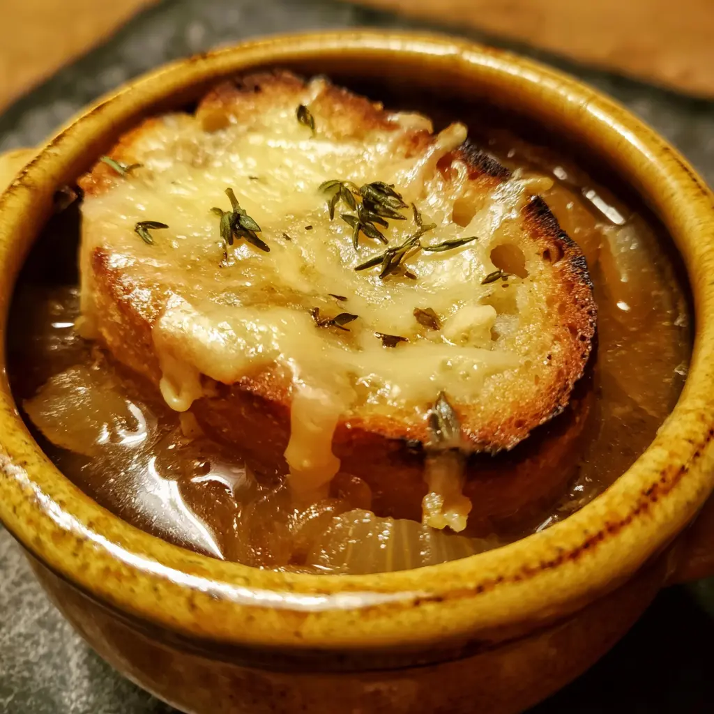 Close-up of a rustic bowl of classic French onion soup recipe with melted Gruyère cheese over a toasted crouton.