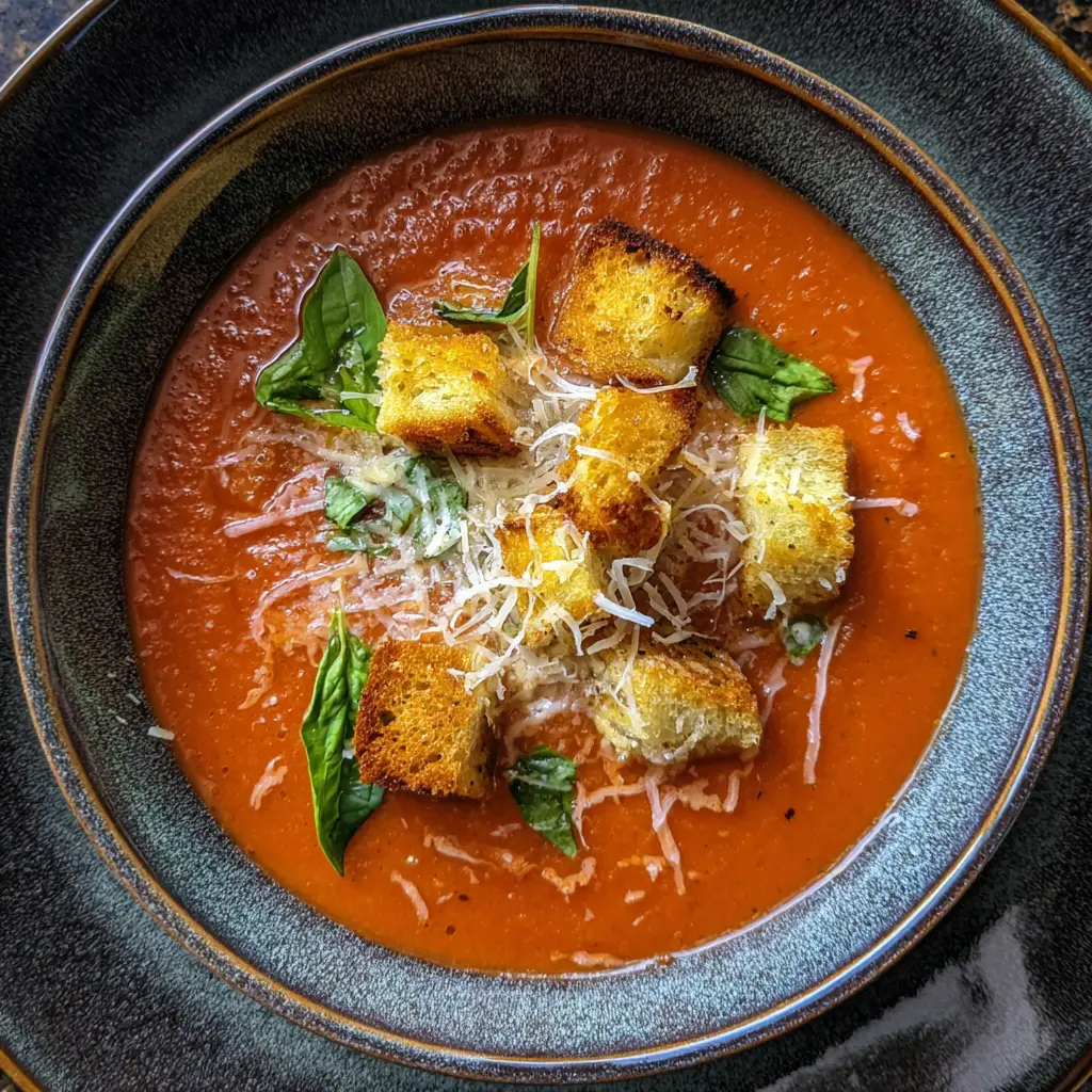 A top-down view of a richly garnished bowl of homemade Panera tomato soup recipe, featuring golden croutons, grated cheese, and fresh basil.