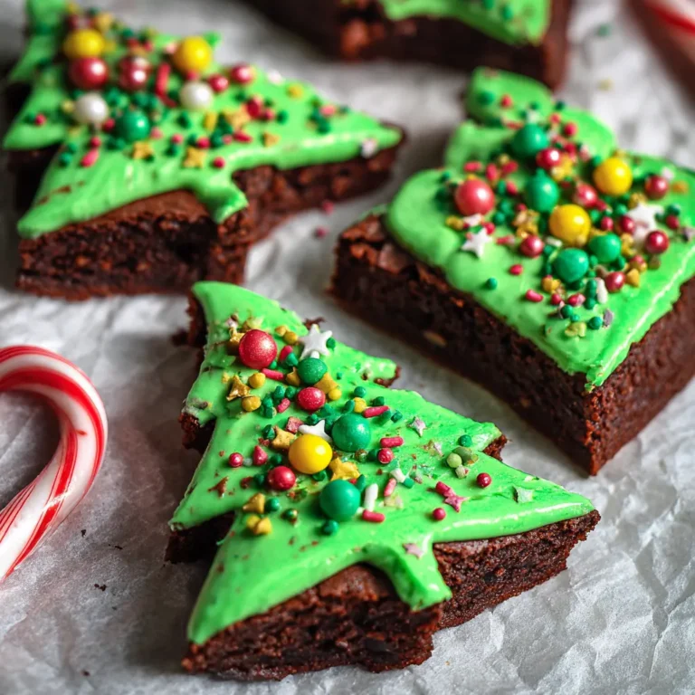 Festive Christmas tree brownies recipe on crinkled parchment paper, decorated with green frosting, colorful sprinkles, and a candy cane.