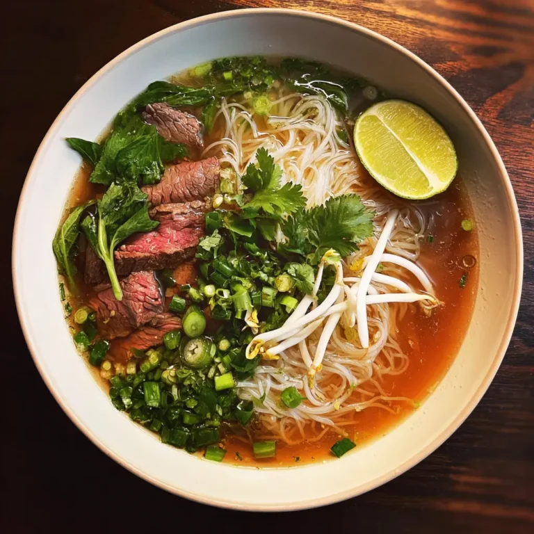 Overhead view of a delicious Vietnamese beef pho soup recipe in a bowl with fresh herbs, lime, and chili on a dark wooden surface.