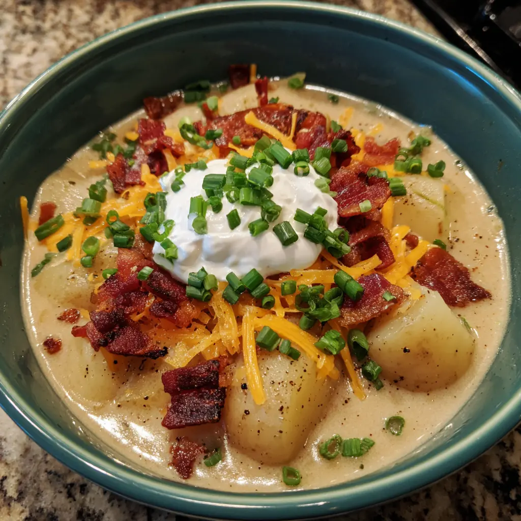 Loaded potato soup with bacon, cheese, and green onions, showcasing a delicious potato soup recipe.