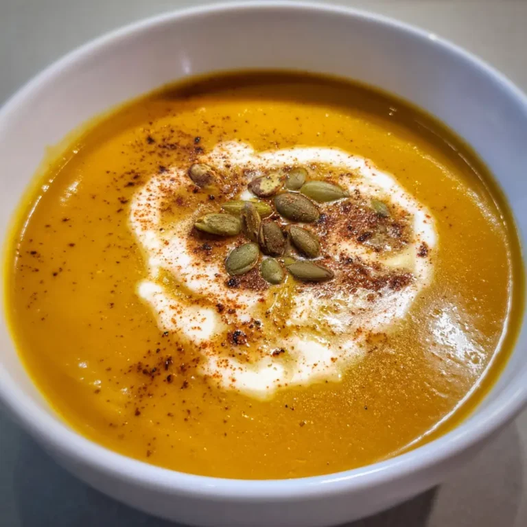 Creamy pumpkin soup recipe, garnished with cream, spices, and pumpkin seeds in a white bowl.
