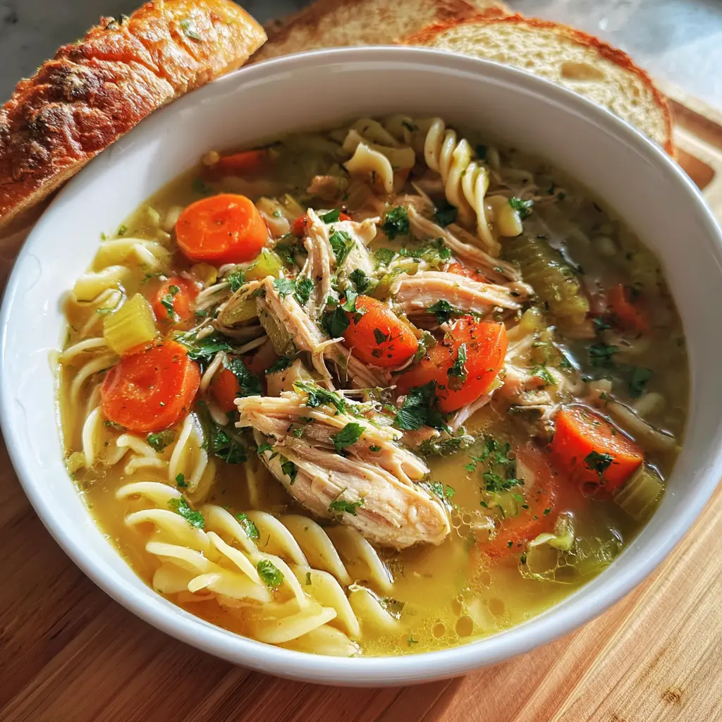 Hearty chicken noodle soup, featuring tender shredded chicken, perfect for a rotisserie chicken soup recipe, with carrots, celery, and pasta, garnished with fresh herbs.