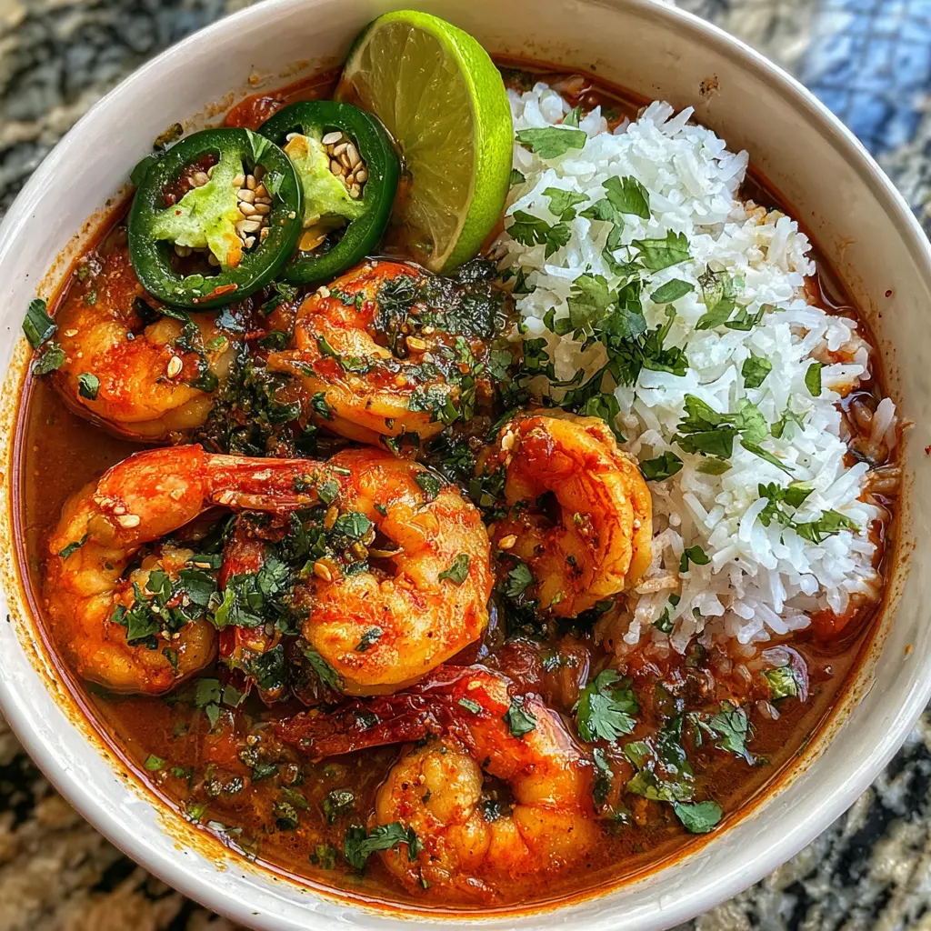 Vibrant close-up of a delicious shrimp soup recipe served with rice and fresh garnishes.