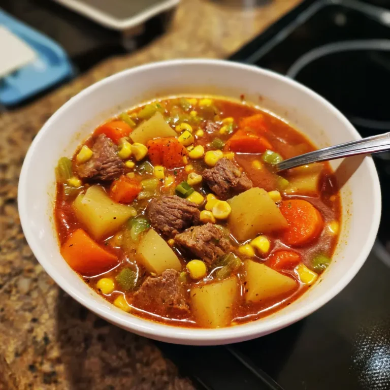 Hearty and vibrant bowl of homemade steak soup recipe with tender beef, potatoes, and carrots.