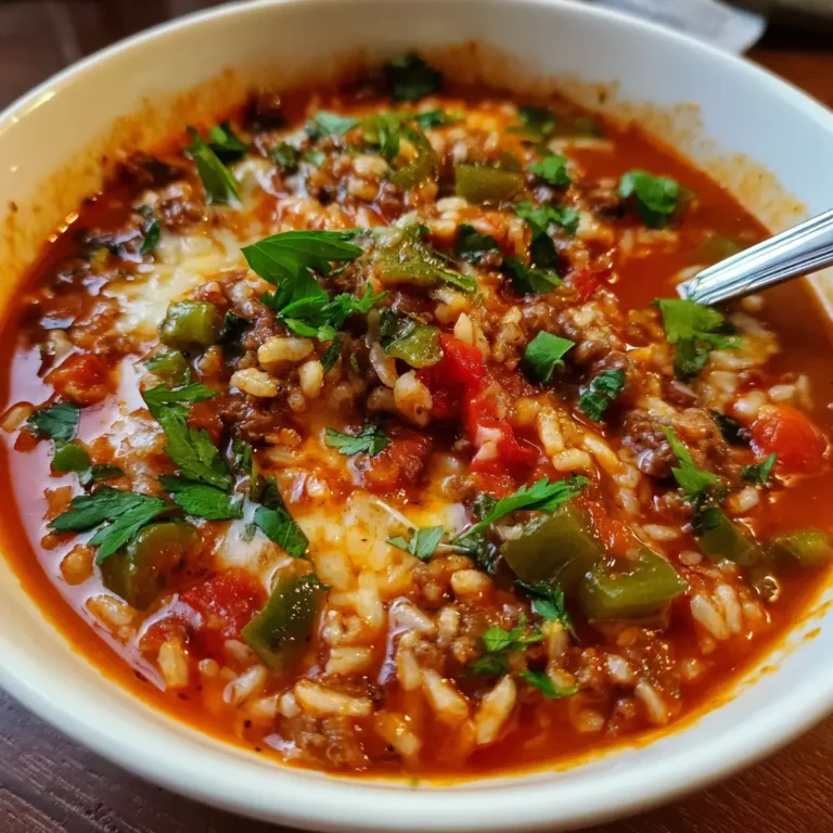 A close-up of a hearty stuffed pepper soup recipe, featuring ground meat, rice, bell peppers, and melted cheese, garnished with fresh herbs in a white bowl.