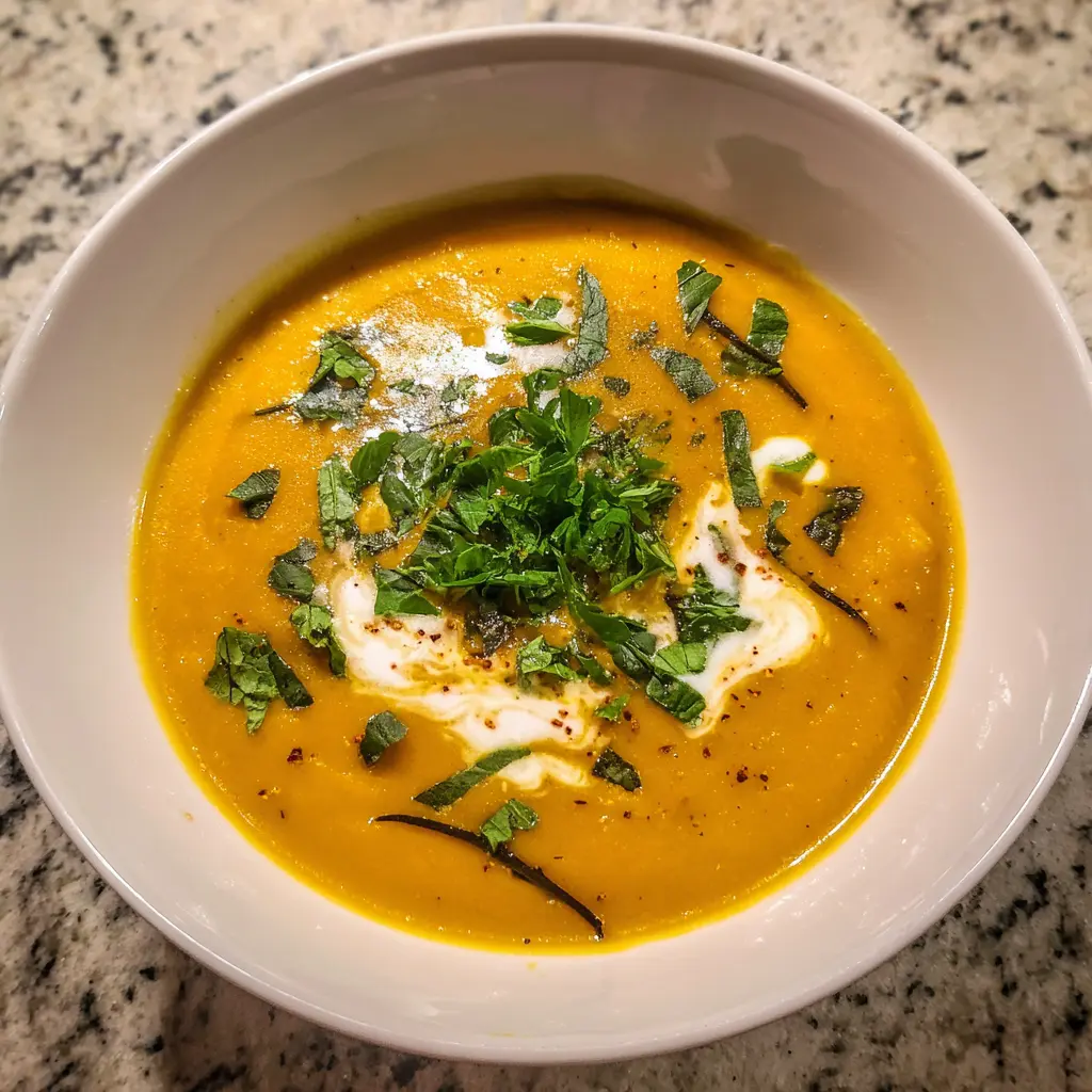 A vibrant bowl of creamy sweet potato soup, beautifully garnished with fresh herbs and cream swirls, representing a delicious sweet potato soup recipe.