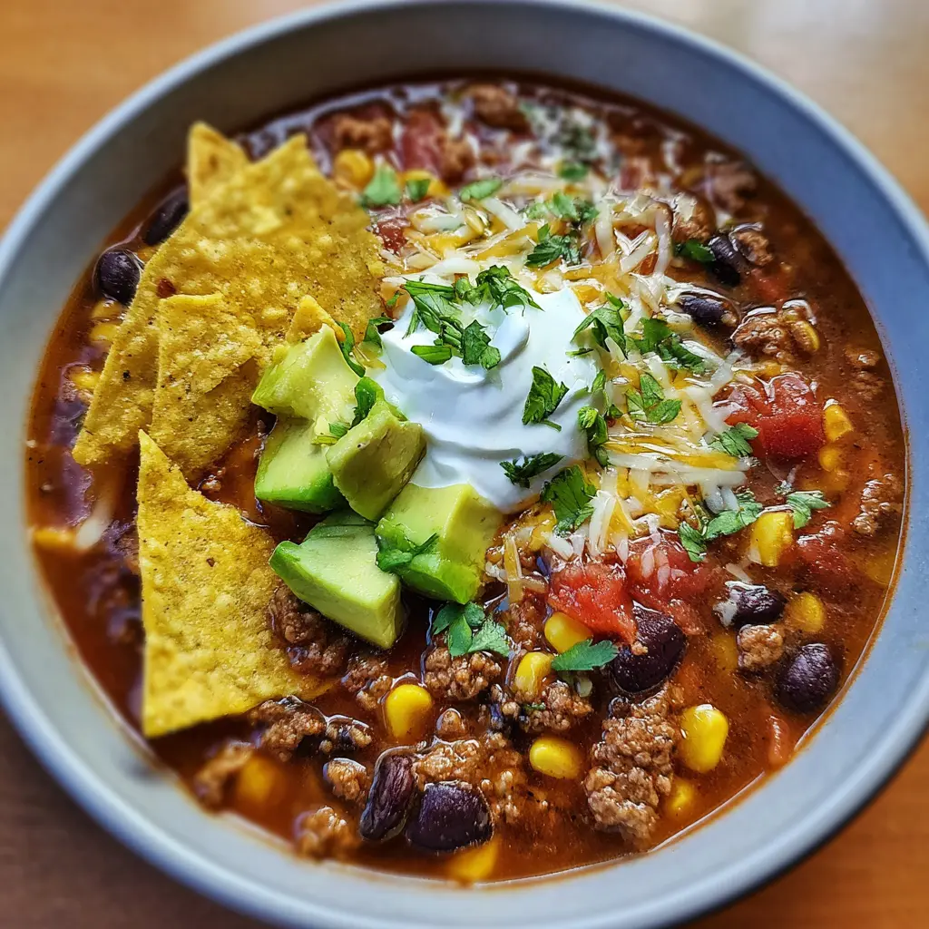 A close-up of a hearty bowl of taco soup recipe, generously topped with sour cream, shredded cheese, fresh cilantro, diced avocado, and crispy tortilla chips.