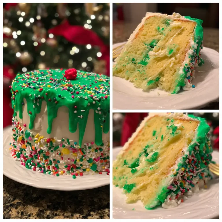 Festive multi-layered cake with green icing and colorful sprinkles, showcasing a delicious christmas tree cake recipe.