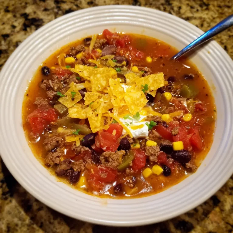 Close-up of a vibrant, garnished bowl of taco soup, highlighting an easy taco soup recipe.