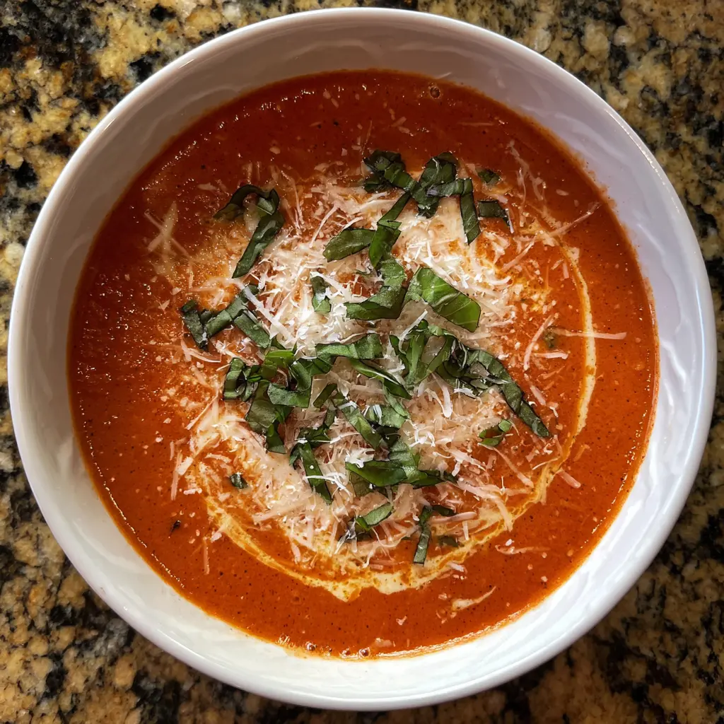 Delicious overhead view of a creamy homemade tomato soup recipe garnished with basil and cheese.
