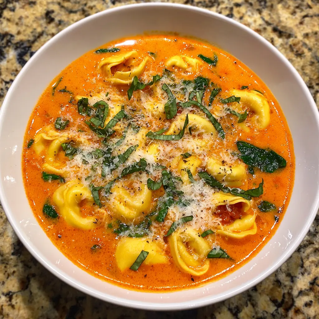 Close-up of a vibrant, creamy tortellini soup recipe garnished with fresh basil and grated cheese in a white bowl on a textured counter.