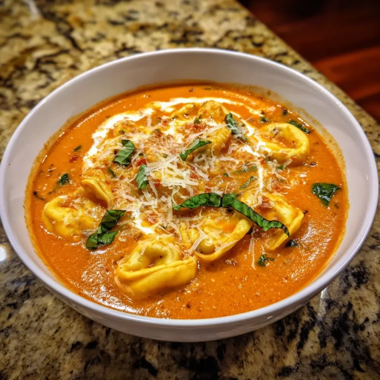 A close-up, top-down view of a creamy tomato tortellini soup, garnished with fresh basil and Parmesan cheese, perfect for a cozy tortellini soup recipe.