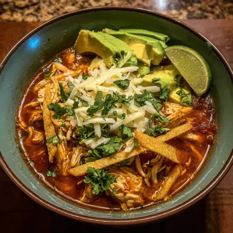 Hearty chicken tortilla soup recipe with avocado, lime, cheese, cilantro, and crispy tortilla strips in a rustic teal bowl.