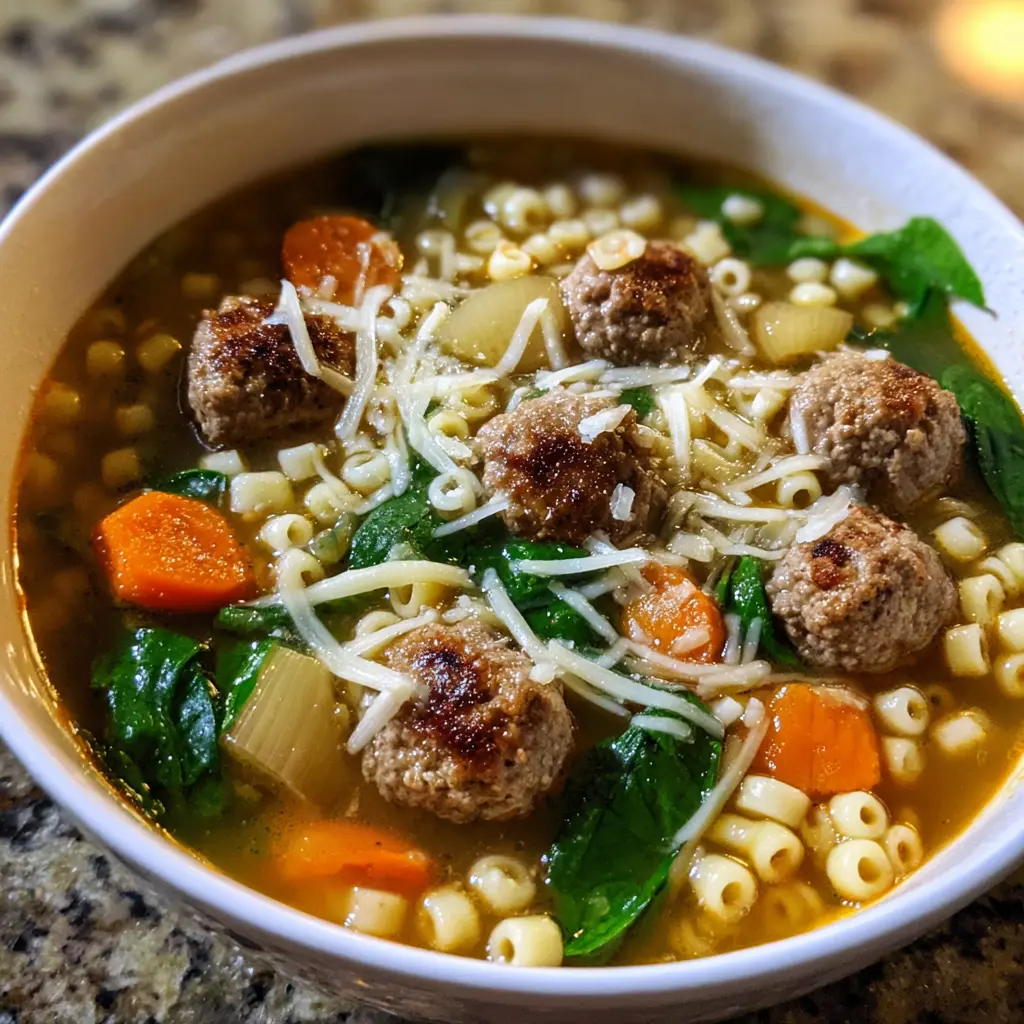 A close-up, top-down view of a hearty bowl of wedding soup recipe, featuring meatballs, pasta, spinach, carrots, and grated cheese.