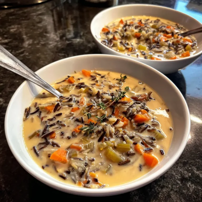 Two inviting bowls of creamy wild rice soup garnished with fresh thyme, highlighting a comforting wild rice soup recipe.