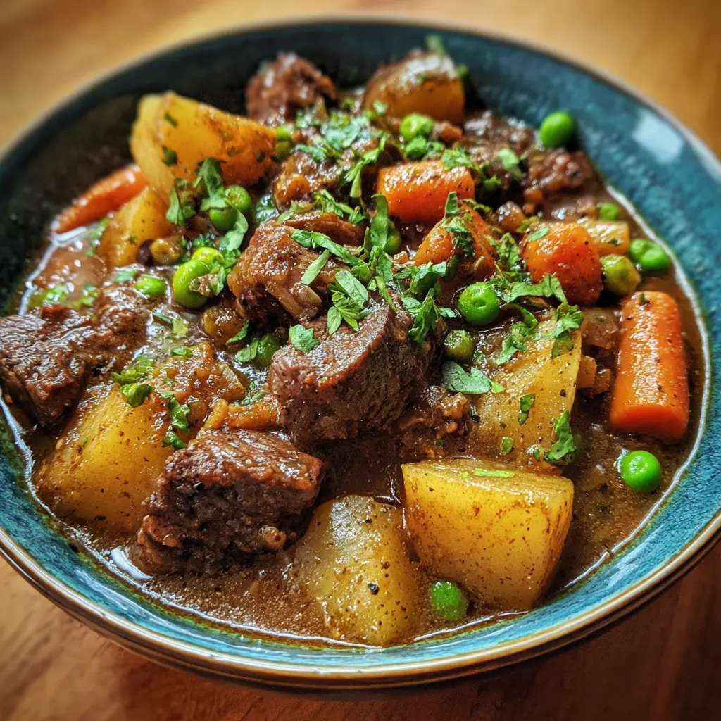Hearty beef stew recipe in a rustic blue bowl, with tender meat, potatoes, carrots, and peas garnished with fresh herbs.