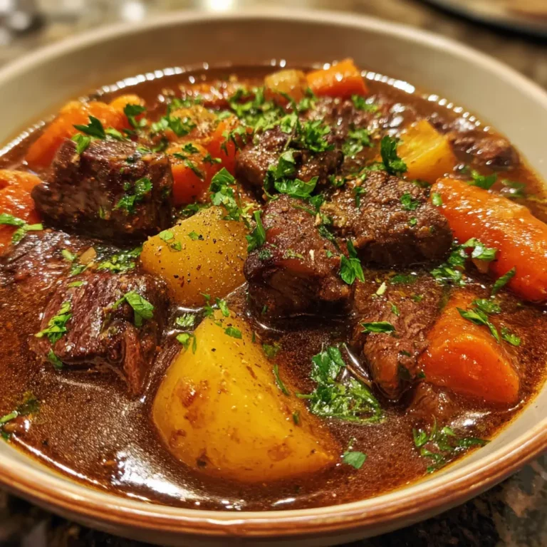 A close-up of a hearty guinness beef stew served in a rustic bowl, garnished with fresh herbs.