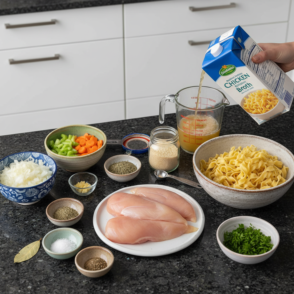 Fresh ingredients laid out for making slow cooker chicken noodle soup, including raw chicken, carrots, celery, onions, and dry egg noodles.