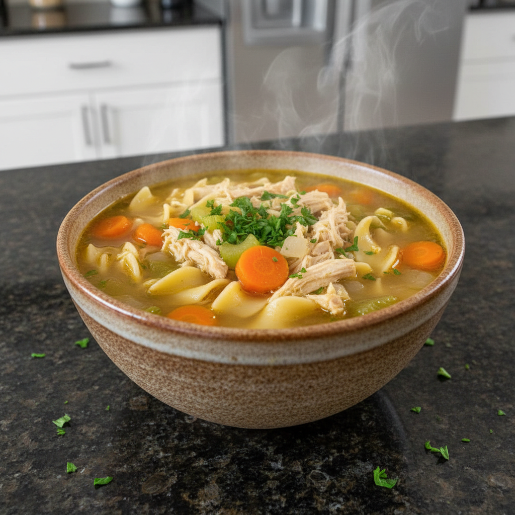 A steaming bowl of comforting slow cooker chicken noodle soup with tender chicken, egg noodles, and vibrant vegetables.