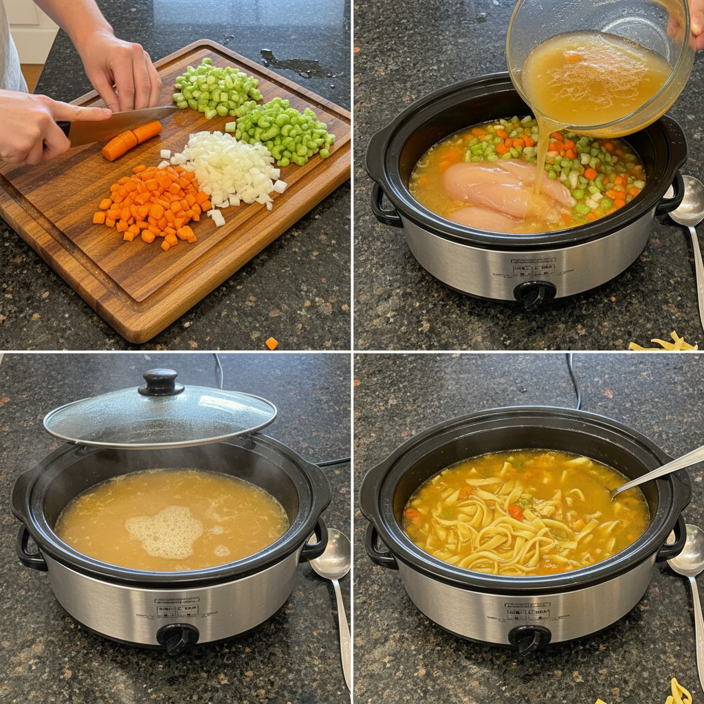 All raw ingredients, like chicken, vegetables, and broth, placed in a slow cooker, ready to cook for slow cooker chicken noodle soup.