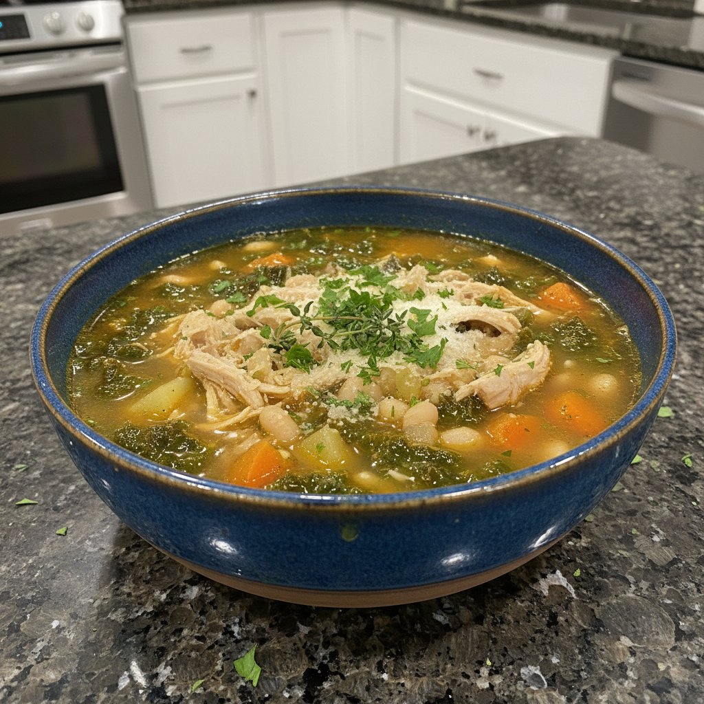 A steaming bowl of creamy tuscan chicken soup with spinach, sun-dried tomatoes, and tender chicken chunks.