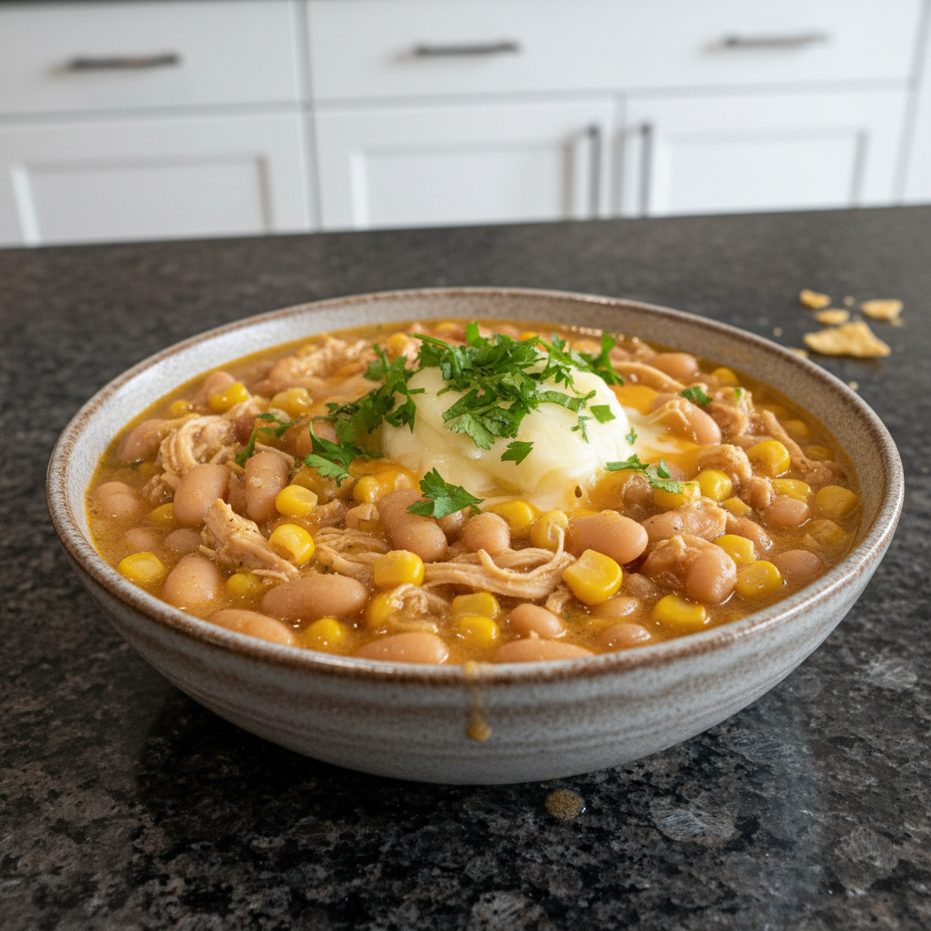 A creamy bowl of white bean chicken chili, garnished with fresh cilantro and lime wedges, ready to be enjoyed.