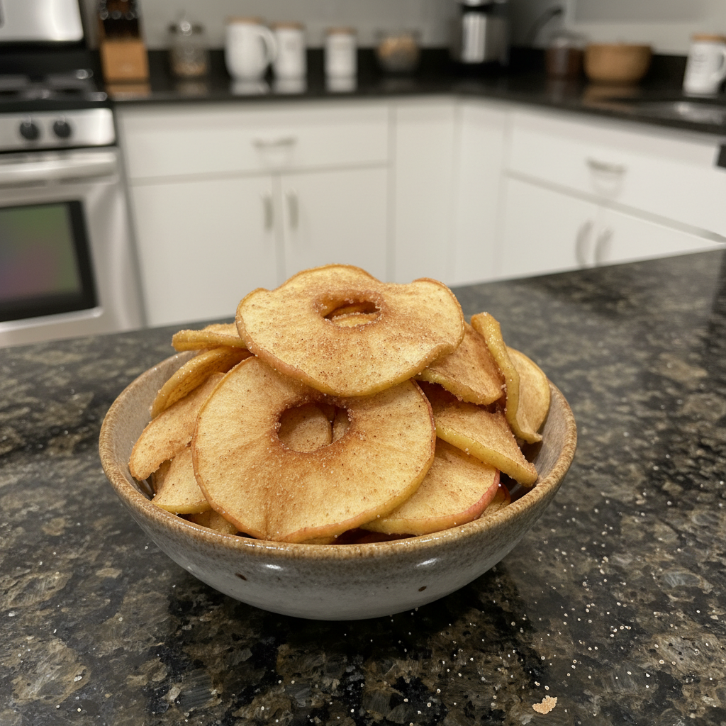 A close-up of golden, crispy Air Fryer Apple Chips seasoned with cinnamon, perfectly stacked on a wooden board.