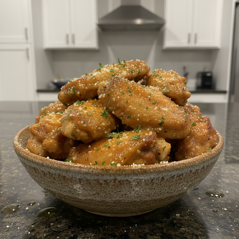 Crispy air fryer garlic parmesan chicken wings piled high on a platter with fresh herbs and a creamy dipping sauce.