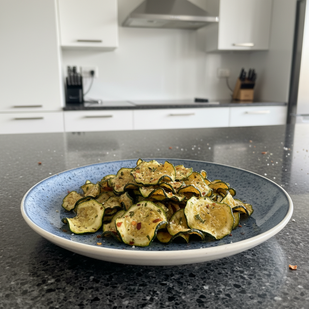 Crispy golden air fryer zucchini chips piled high on a plate with a sprinkle of herbs, ready to be enjoyed.
